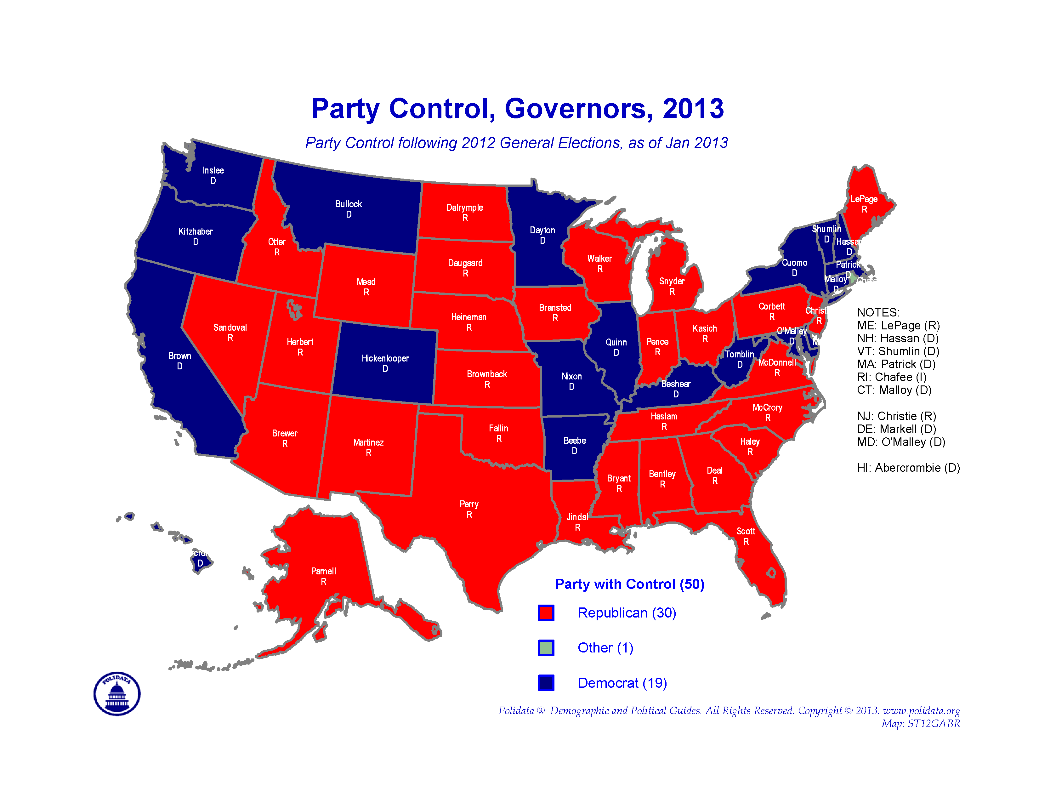 States With Republican Governors Map Polidata ® Election Maps-Governors & Legislature-2012